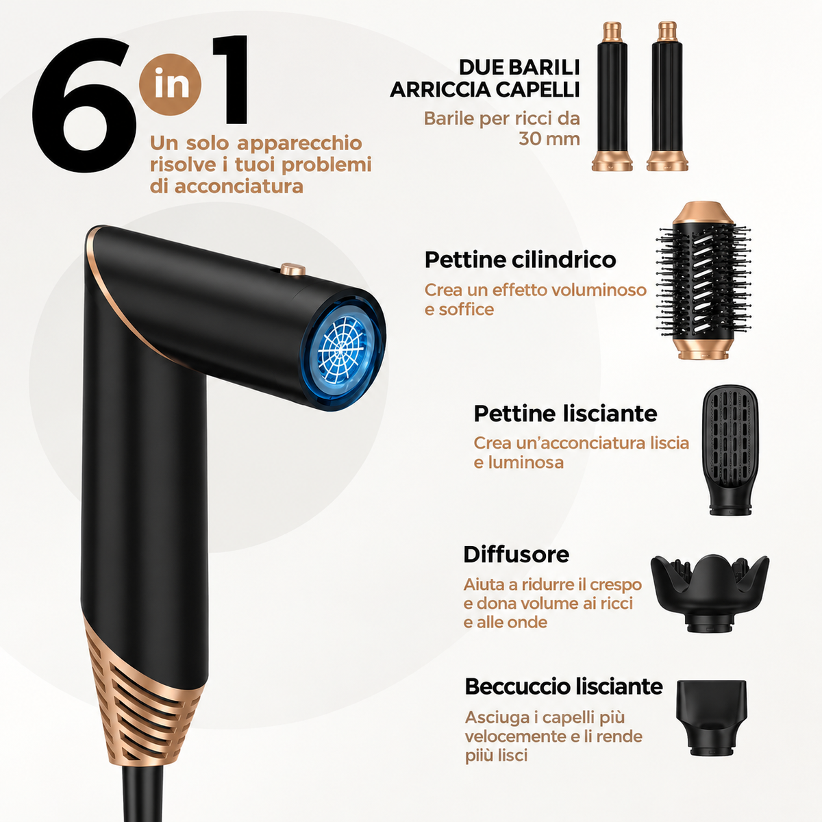 AirStyler 6 in 1 – Asciuga, Liscia e Arriccia con un Solo Dispositivo