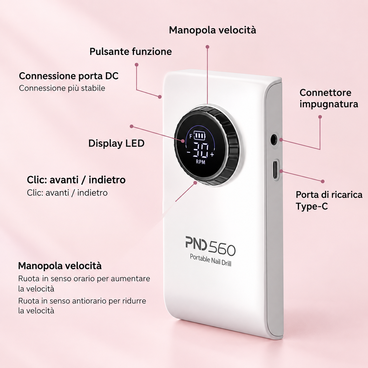 Fresa PND560 Professionale per Unghie Ricaricabile 30.000 RPM 18W